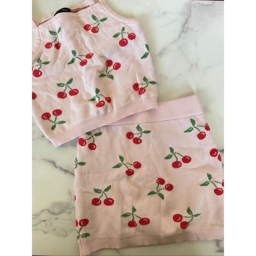 Art class girls 6 cherry sweater tank mini skirt retro set pink red 100% cotton